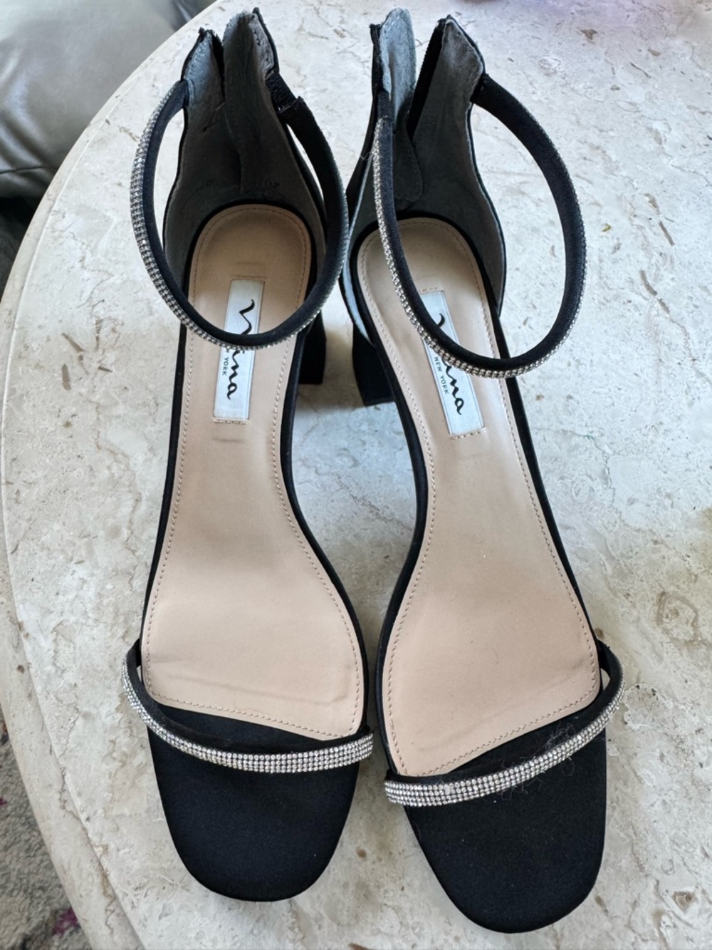 Nina Barby block heel dress sandal - black luster satin